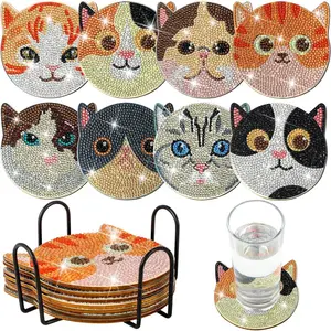 8-piece/set of cat-patterned artificial diamond painted coasters, DIY crystal diamond painted wooden table art coasters with stand, suitable for adult office coffee MATS, family coasters, handicrafts, Diamond Painting Coasters, supplies and gifts