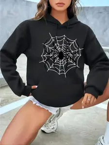 【Plus Size】 Spider Web Print Drop Shoulder Hoodie, Fashion Casual Drawstring Pocket Hooded Sweatshirt for Daily Holiday Outdoor Wear, Women Clothing for Fall & Winter