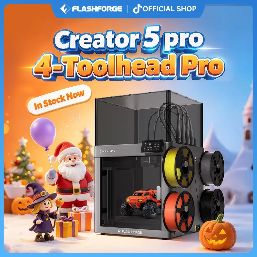 In Stock Now – FLASHFORGE Creator 5 Pro 4-Toolhead 3D Printer, Ships Today No Pre-Order Wait, Industrial Multi-Color, 65°C Heated Chamber, CoreXY 600mm/s