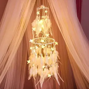 Double Circle White Feather Dream Catcher with Mobile LED Fairy Lights Wall Hanging Ornaments Ceiling Decor for Bedroom Wedding Boho Chic Party Nursery Decor