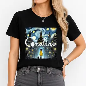 Coraline Doll Vintage T-Shirt, Retro Coraline Shirt, Spooky Movie Tee, Funny Cartoon Shirt, Spooky Coraline Doll Shirt, Scary Movie Shirt Casual Round Neck Classic Basic