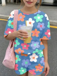 Girls' Cute and Fashionable Short Sleeve Shorts Set, Fresh and Elegant Colorful Small Floral Print, Perfect for Home and Work