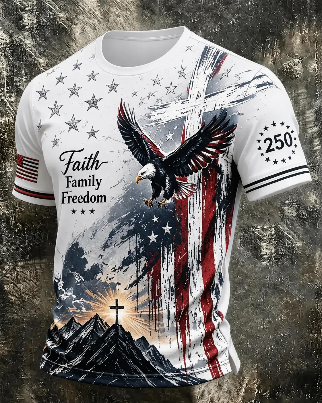 Men'S Christian Patriotic T-Shirt Full Print Bald Eagle & Mountain Cross Sunrise, Faith Family Freedom Text, Vintage USA Flag, 250Th Surrounding Star Sleeve Patch Sport Golf Tees
