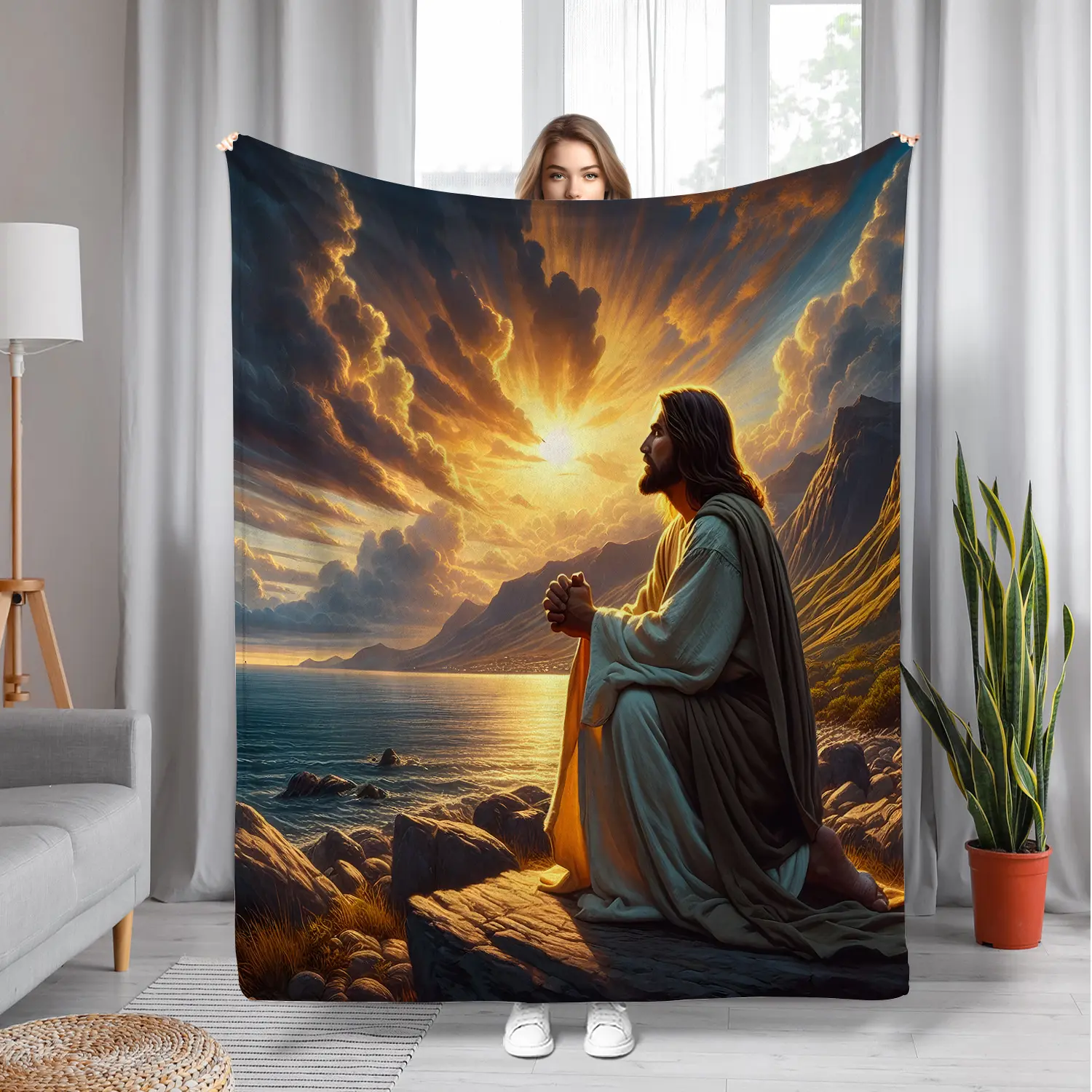 Jesus Prayer Seascape Digital Print Blanket - Religious Figure Motif Blanket, Soft Flannel All-Season Lightweight Sofa Throw, Modern Religious Art Sunset Design, Mixed Colors, Spiritual Home Decor, High-Quality Comfortable Fabric, Religious Figure Motif B