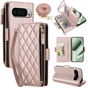 HISTORYOO 9 Cards Slots Holder Wallet Case For Google For Pixel 10 Pro XL 10 9 Pro 9A Handbag Luxury Large Capacity PU Leather Zipper Cash Coin Purse Bag Flip Kickstand Shockproof Full Body Protection Cover Wristlet Wrist Crossbody Lanyard Strap For Mom