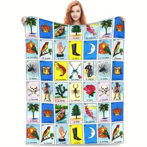 Mexican Loteria Card Pattern Blanket, Soft Flannel Blanket, Cool Bedroom Bedding Blankets, Air-conditioned Room Blanket, Warm Nap Blanket for Home & Office