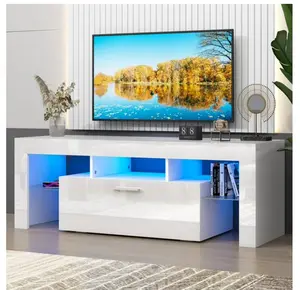 TV Stand for TV up to 55", Living Room Entertainment Center with RGB LED Lights and Storage Shelves Furniture, White High Gloss TV Cabinet Console Table