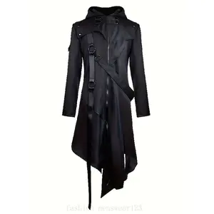 ELI Gothic Style Long Jacket for Men - Black with Hood, Adjustable Straps & Pleated Design, Perfect for Halloween or Costume Parties, Halloween Costume Accessory|     Vintage Goth Jacket|     Pleated Leatherett