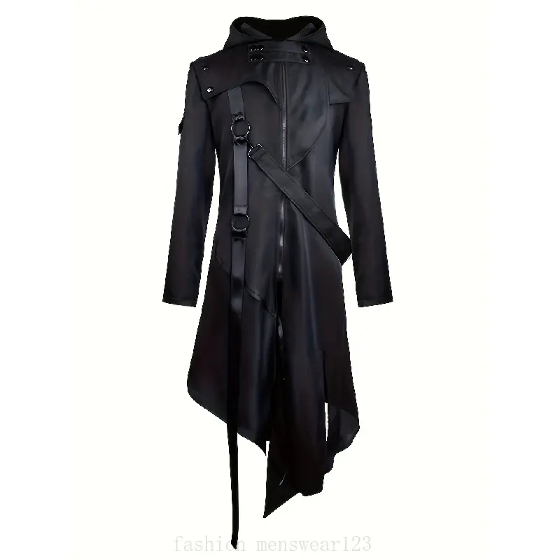 2026 Gothic Style Long Jacket for Men - Black with Hood, Adjustable Straps & Pleated Design, Perfect for Halloween or Costume Parties, Accessory| Vintage Goth Jacket| Leatherett, men outerwear, fashion jacket men