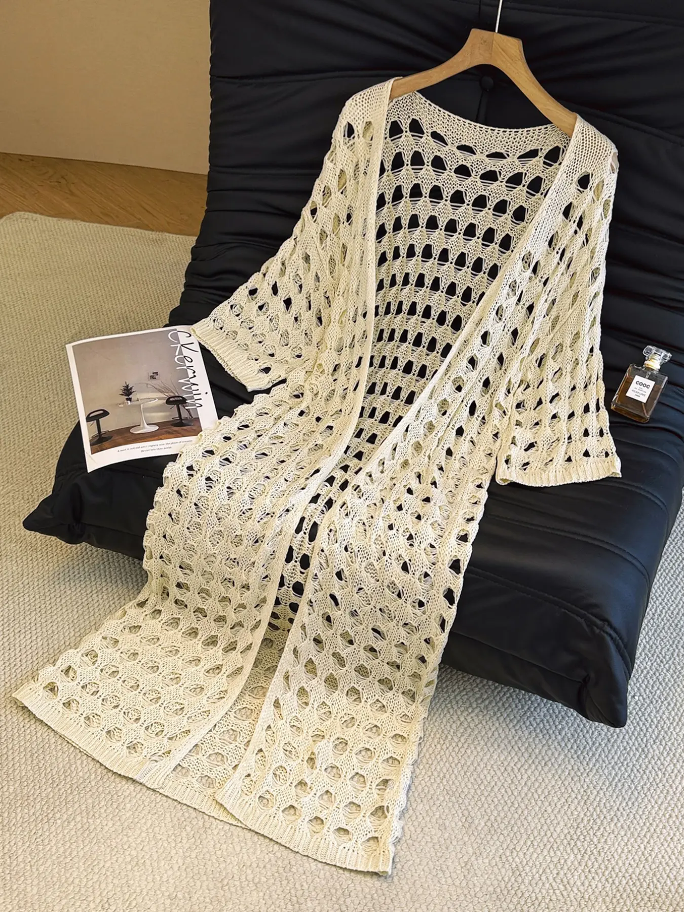 Summer Hollow Out Thin Long Knit Cardigan, Womenswear Beach Vacation Style off Shoulder Half Sleeve Casual Sexy Ice Silk Jacket Knitwear