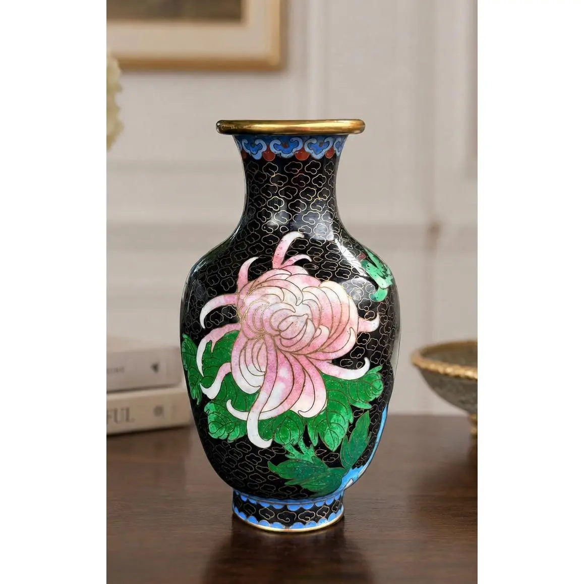 Floral Cloisonné Vintage Black Vase