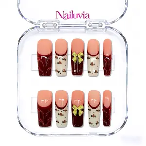(D097) Burgundy Bowtique French Tip Mid-Square (1.3 inch) 10pcs Bangle Nails Y2K sweet cool luxury style handmade acrylic press on nails, 1.3 inch medium square shape, with a smooth,  comfortable fit,Valentine's Day, Reusable and durable