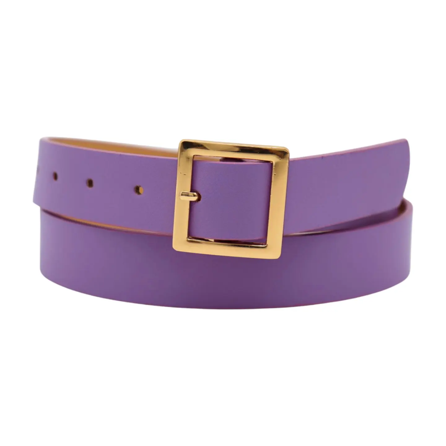 New Women Lavender Color Faux Leather Skinny Fashion Belt Gold Metal Square Buckle S M
