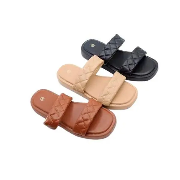 Women's Quilted Double Strap Slide Sandals, Open Toe Flat Footwear, Comfortable Casual Summer Slippers