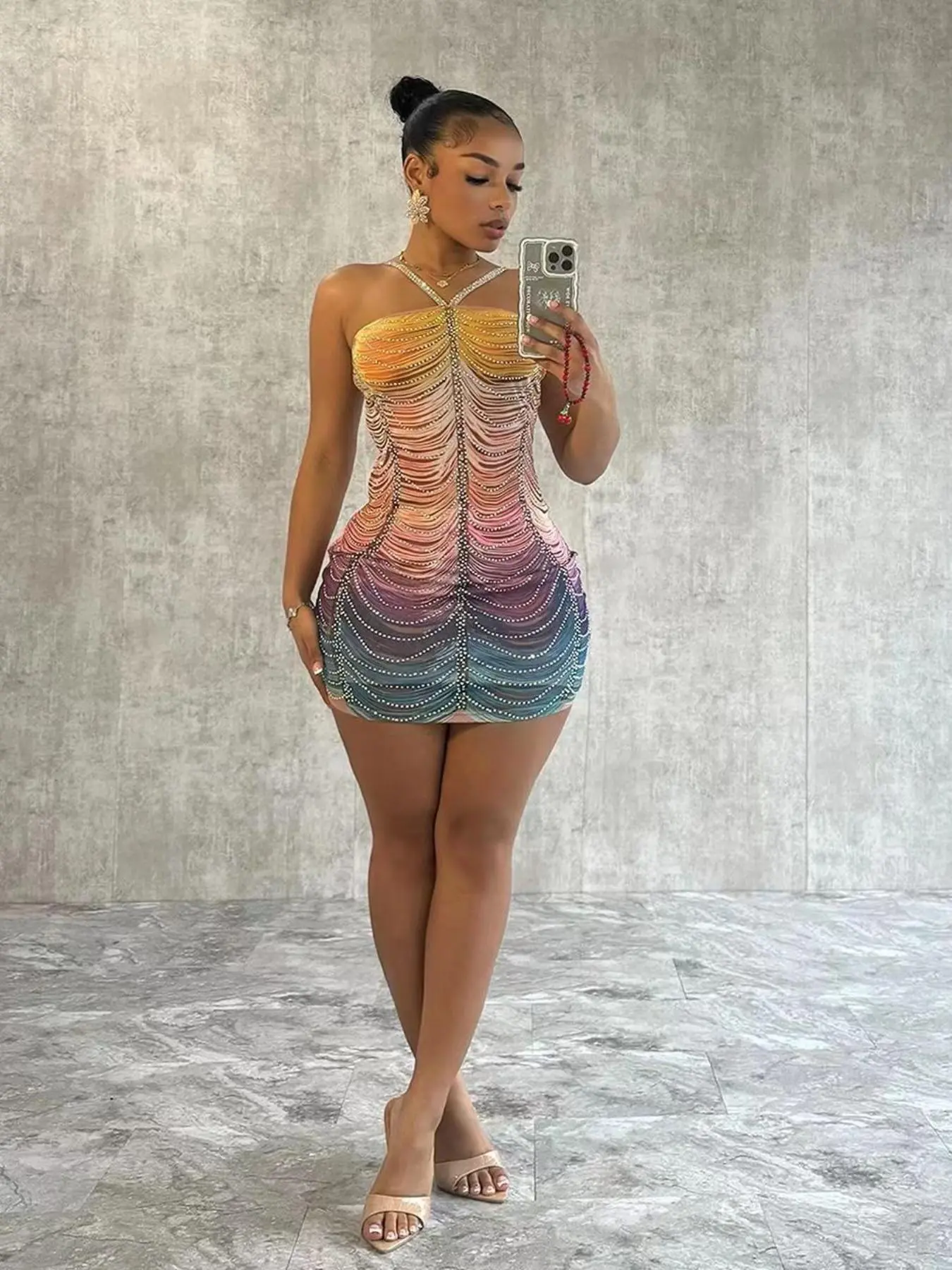 Women's Colorblock Rhinestone Decor Halter Neck Bodycon Dress, Fashion Adjustable Strap Backless Mini Dress for Party Club Dating Wear, Women Dress for Summer Valentine's Day, gift