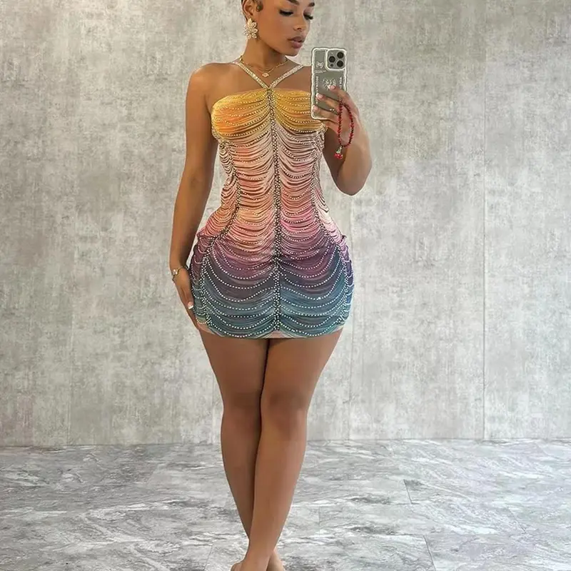 Women's Colorblock Rhinestone Decor Halter Neck Bodycon Dress, Fashion Adjustable Strap Backless Mini Dress for Party Club Dating Wear, Women Dress for Summer Valentine's Day, gift, Sparkling Party Dress