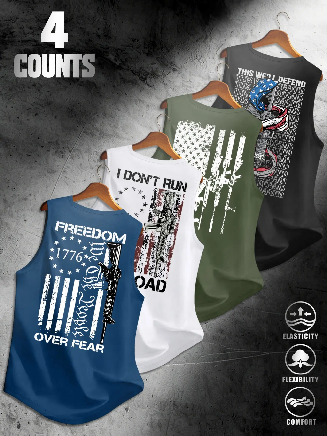 American Flag Print Men's Sleeveless Vest 4-Pack Set, Breathable Stretchy Fabric, Sporty Fitted, Comfortable for Daily Streetwear