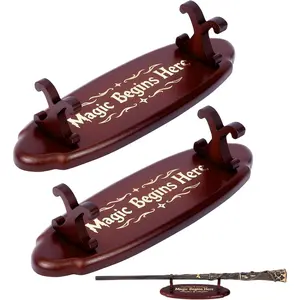 Magic Wand Stand Display Holders with Foil Stamped Quotes, 2-Pack Cherry Wood, for Wizard Collection & Home Decoration, 5.4" L × 1.9" W × 1.4" H