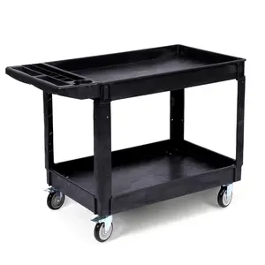 GARVEE 2-Shelf Heavy Duty PP Service Cart Rolling Utility Cart with 360° Swivel Wheels, 550LBS , Large Shelf, Storage Handle, for Warehouse/Garage/Cleaning, Medium