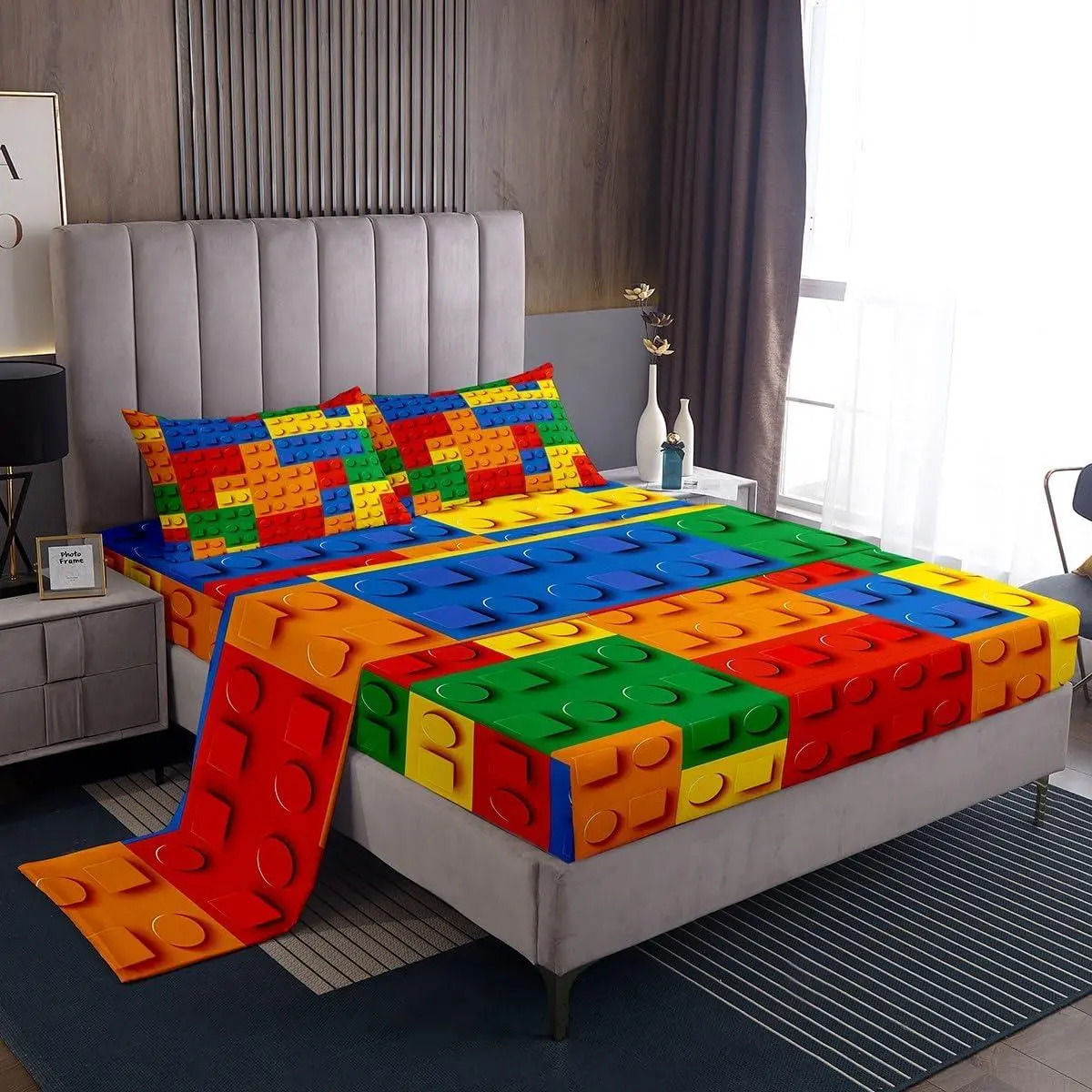 3D Building Blocks Sheet Set,Construction Bed Sheets Set,Colorful Rainbow Bricks Sheets,Gaming Flat Fitted Sheet Microfiber