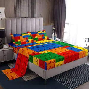 3D Building Blocks Sheet Set,Construction Bed Sheets Set,Colorful Rainbow Bricks Sheets,Gaming Flat Fitted Sheet Microfiber