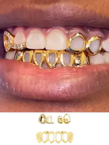 3Pcs Women's Teeth Grillz Set, Micro-Inlaid Water Drop Design, Copper Material with Zirconia Stones, Fashionable Hip-Hop Style Tooth Gem Jewelry