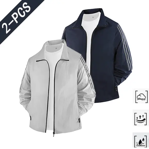 Men’s summer sun protection jacket two-piece set, lightweight breathable water-resistant fabric, regular short stand collar jacket, available in four colors, suitable for outdoor activities, fishing, commuting, and sports sunwear.