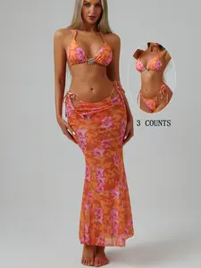 Women's New Fashion Print Halter Tie Sexy Triangle Bikini Set with Cover Skirt Three-Piece Suit for Beach Sea Pool Vacation