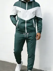 Men's Casual 2-Piece Outfit: Color-Block Zip Hoodie Jacket + Breathable Solid Drawstring Pants