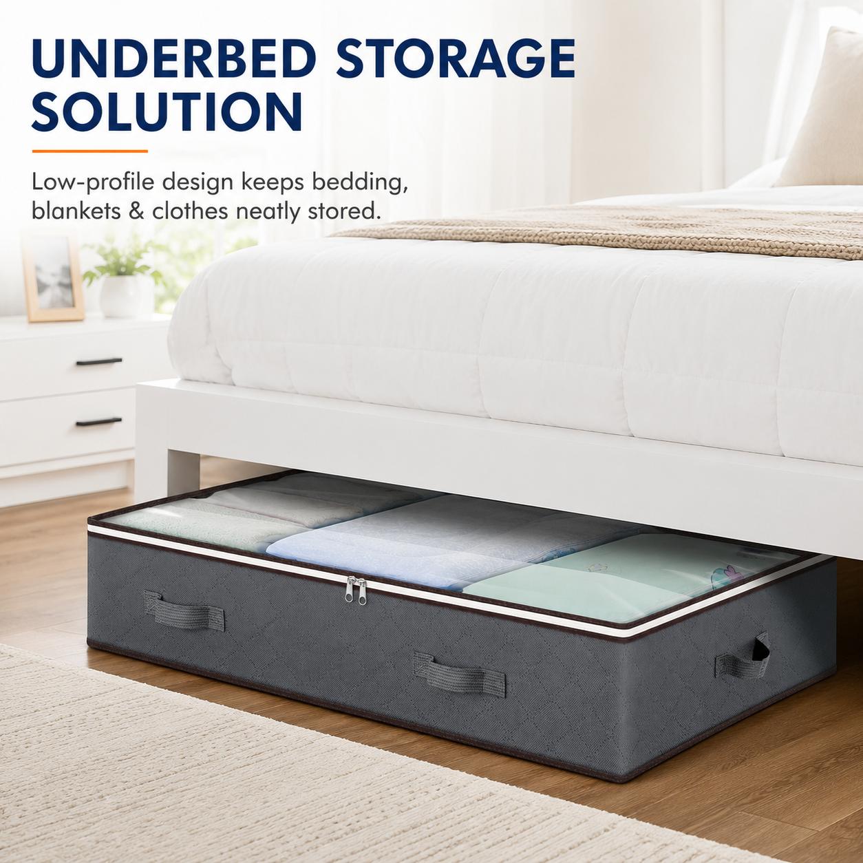 UNIQDESIGN Minimalist 90L Under Bed Storage Containers, 2-Pack Grey Travel Organizers with Visible Transparent Top Lids, Full Zip Closure for Student Clothes, Window Nook Organization