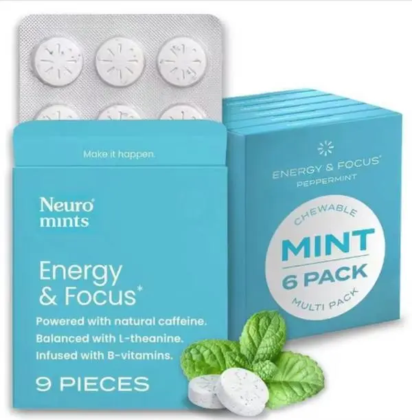 Energy Caffeine Gum/Mints For Energy & Focus - Sugar-Free With L Theanine, Caffeine, Vitamin B12 & Vitamin B6 - Peppermnint Flavor
