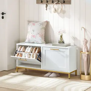 HOOBRO Shoe Bench for Entryway, Shoe Storage Bench with 2 Flip Drawers, Shoe Cabinet with Bench, Hidden Shoe Rack Organizer, for Foyer, Hallway, Mudroom, White and Gold#SpringSale #BigSpringSale