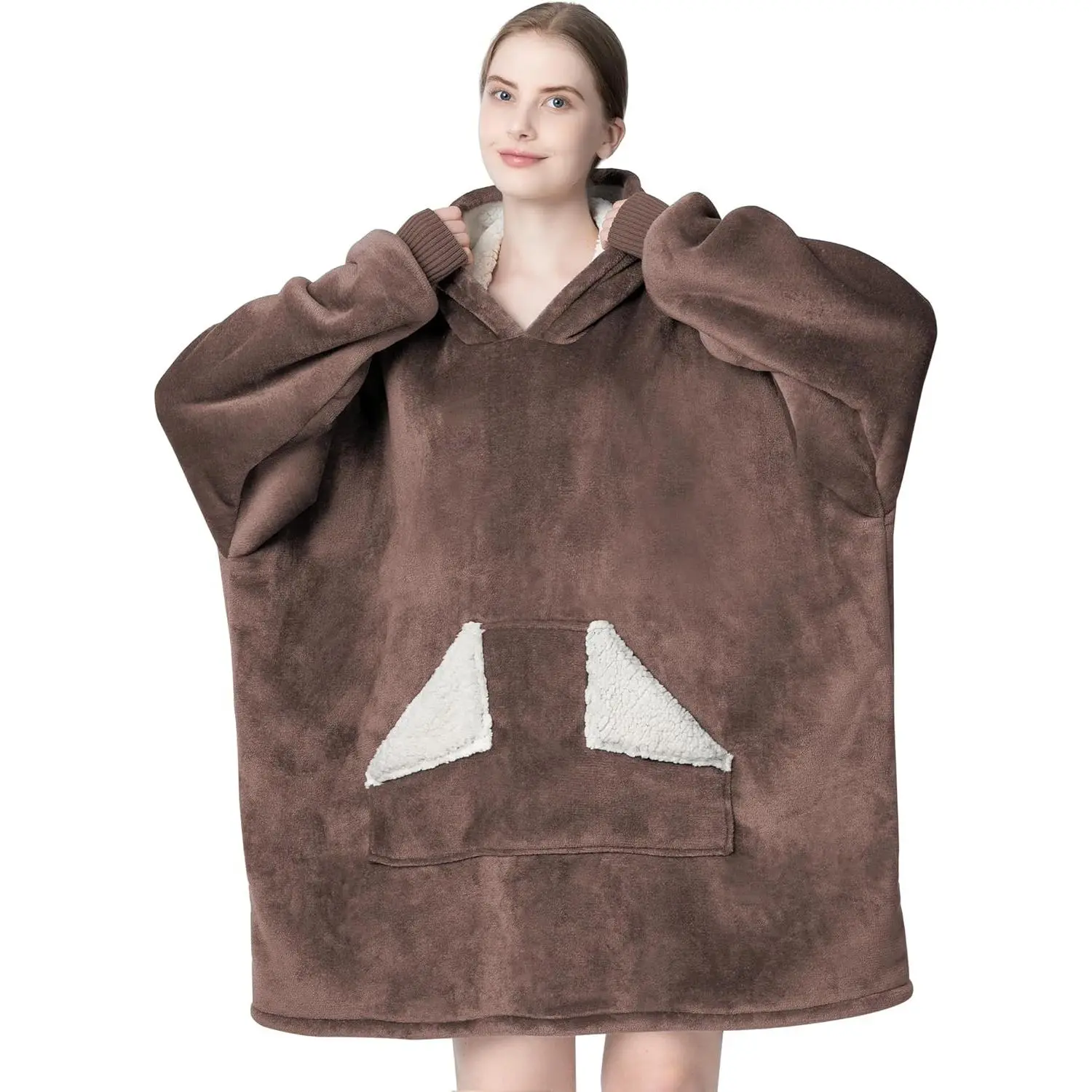 Wearable Blanket Hoodie, Oversized Sherpa Fleece Sweatshirt Blanket with Giant Hood Pocket and Sleeves for Adult, Warm & Cozy Blanket Gifts for Women (Brown)