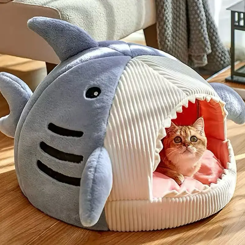 Winter Warm Pet Nest Big Mouth Shark Design Cat & Dog Bed Semi Closed Plush Mat for Small Pets Cozy Comfortable Shark Cloth