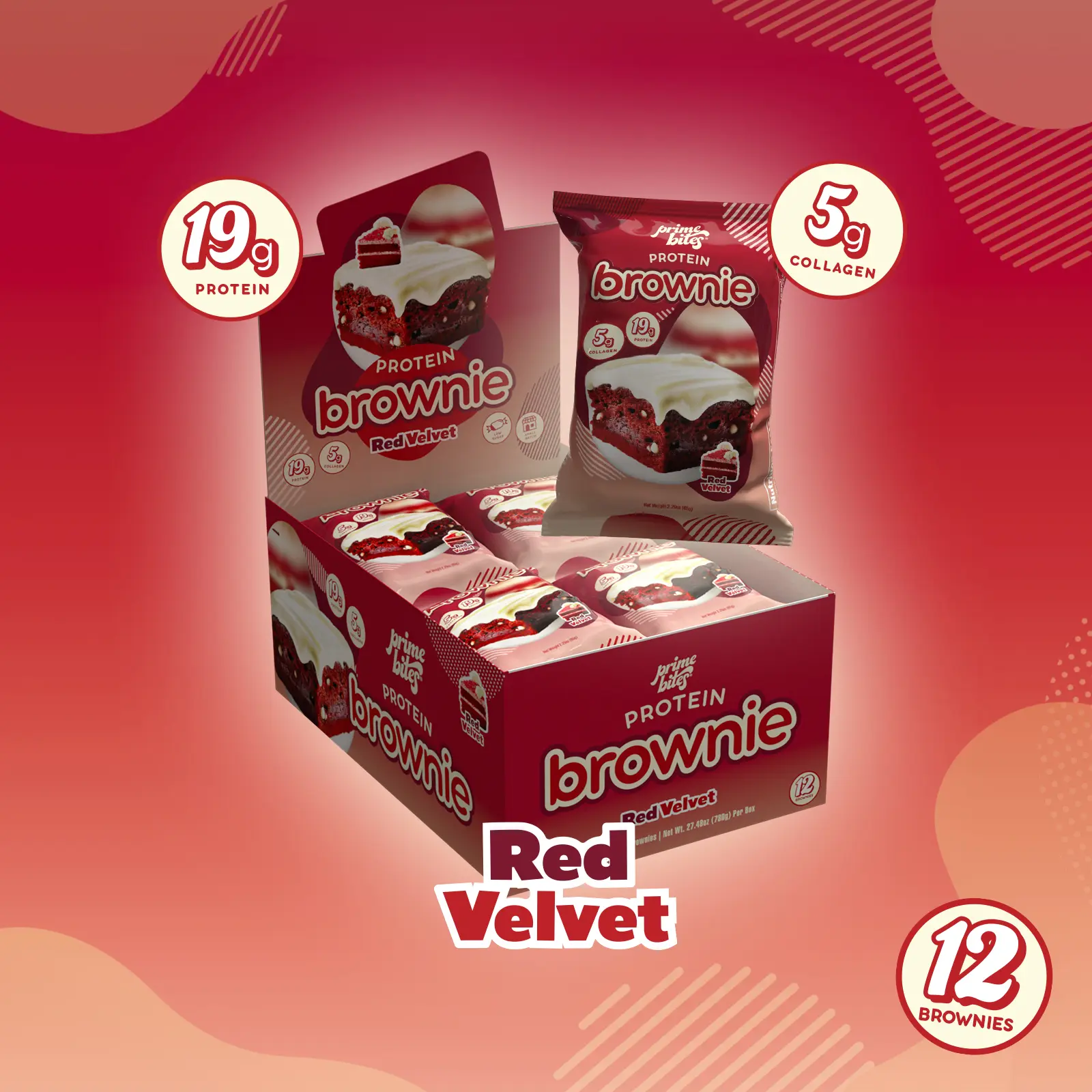 Red Velvet Prime Bites - 12 Pack - Protein Brownies with 19g Protein and 5g Collagen Snack - Fresh Baked High Protein Snack w/ Low Sugar Red Velvet Prime Bites - 12 Pack - Protein Brownies with 19g Protein and 5g Collagen Snack - Fresh Baked High Protein Snack w/ Low Sugar