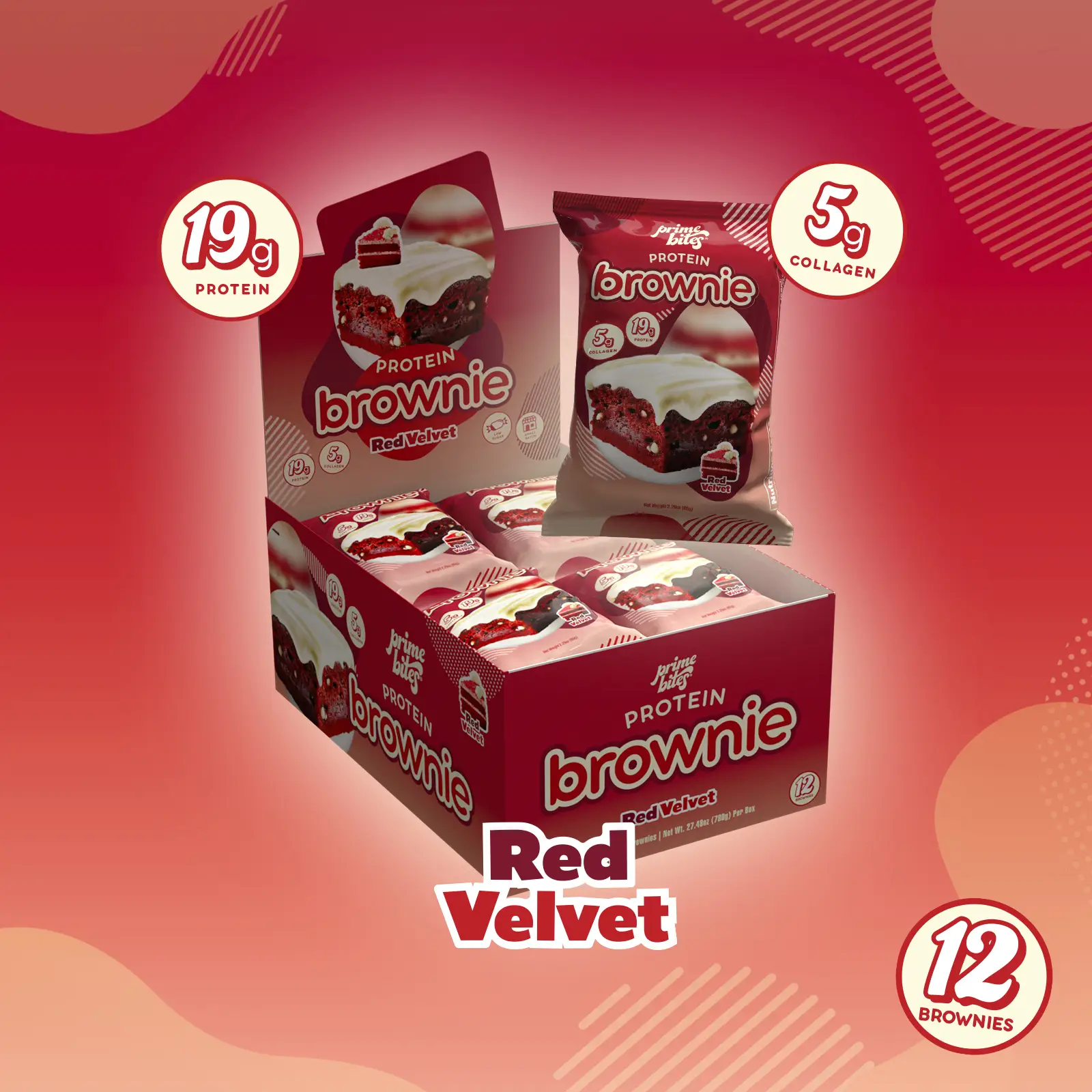 Red Velvet Prime Bites - 12 Pack - Protein Brownies with 19g Protein and 5g Collagen Snack - Fresh Baked High Protein Snack w/ Low Sugar