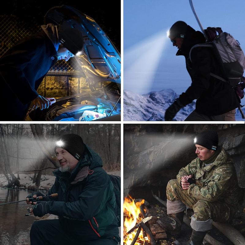 Bluetooth Beanie with Light, Unisex USB Rechargeable 4 LED Fashlight, Cordless Headphones, Unique Christmas Birthday Gift for Men outdoor hat