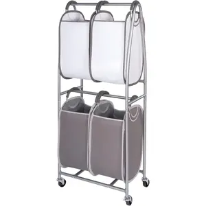 - 2 Tier Vertical Rolling Laundry Cart - Rolling Storage Cart On Wheels With 4 x Tote Hampers For Laundry, Towels, Blankets & Bathroom Organization - Quad Laundry Sorter