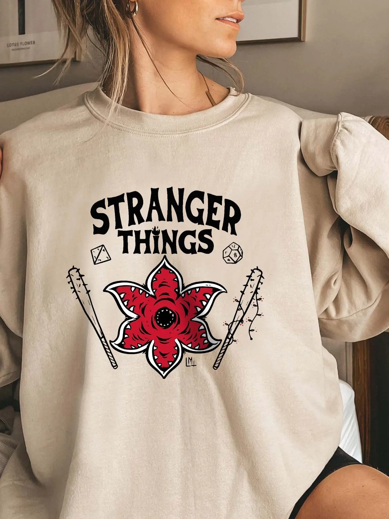Stranger Things Monster Flower Geometric Letter Print Fleece Round Neck Sweatshirt, Fall & Winter Casual Loose Fit Pullover