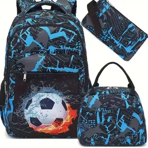 Three-piece schoolbag - men's and women's lightweight and ultra-light backpack, new style, simple design, double-shoulder backpack, lunch bag, football with multiple compartments.
