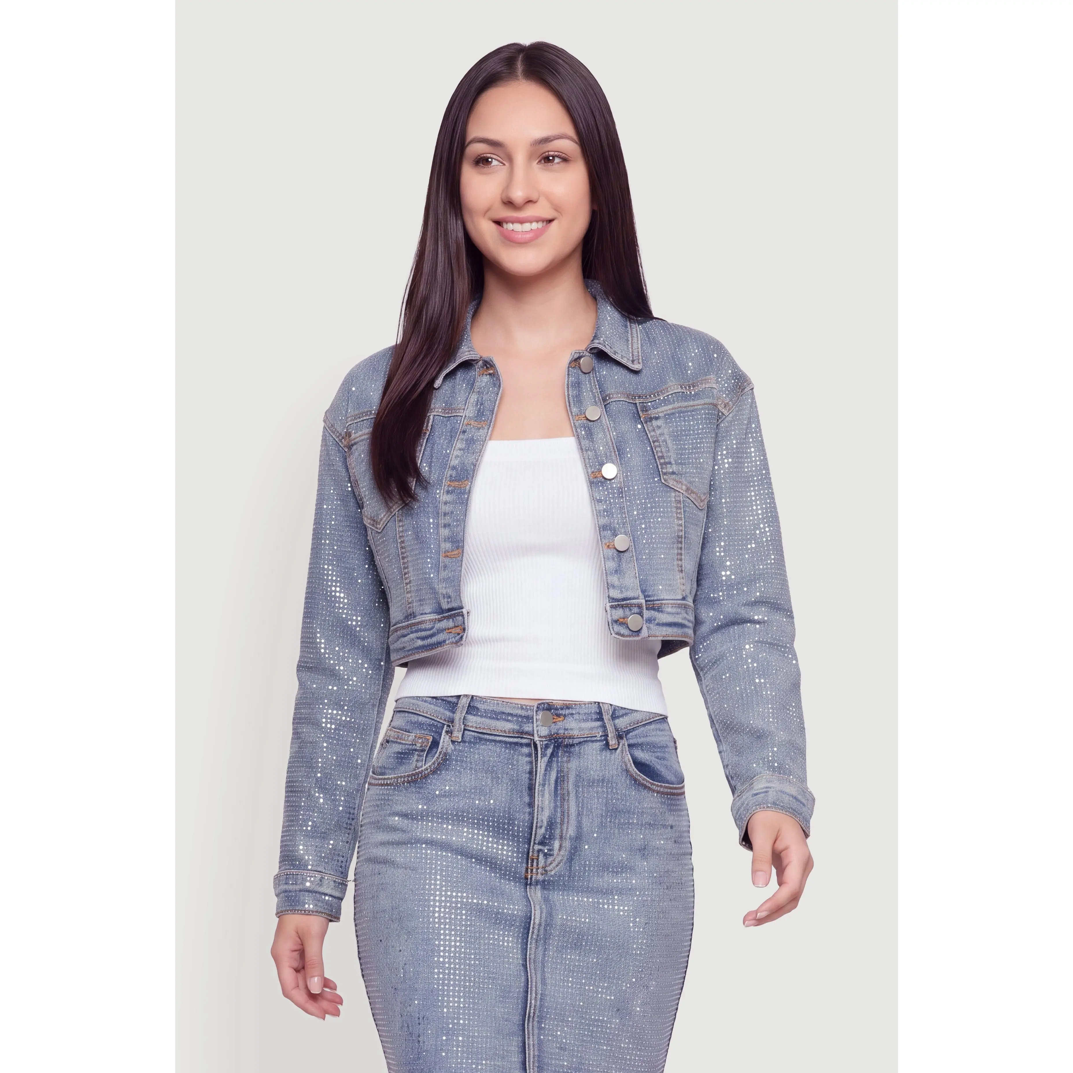 Rhinestone Cropped Denim Jacket