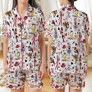 Hazbin Hotel Pajama Set - 100% Polyester Satin Short Sleeve Shirt with Chest Pocket & Comfortable Shorts with Elastic Waistband and Drawstring for Ultimate Home Comfort