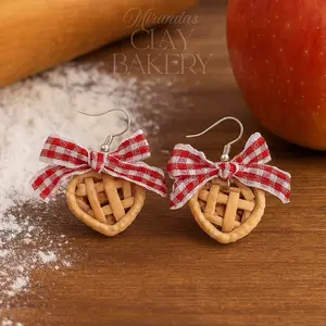 Apple Pie Earrings Handmade Polymer Clay Heart-Shaped with Gingham Bow Lightweight & Hypoallergenic Perfect for Fall