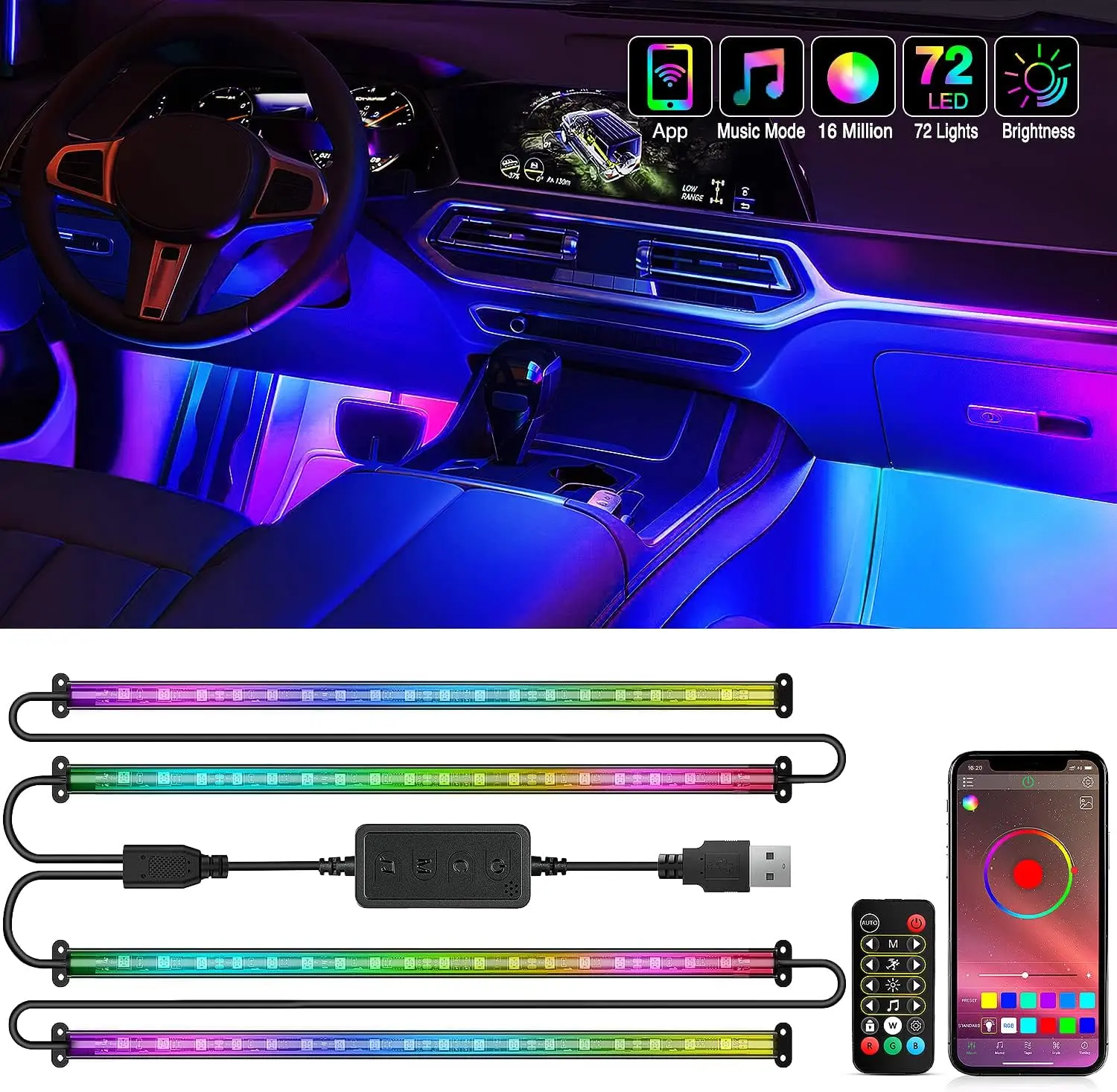 Nilight 72 LED USB Interior Strip Lights - Dream Color RGB-IC 12V DC, App & RF Remote Control, 2-Line Chasing, Music Sync, High-Quality Beads, Truck Accessories, Mood Lighting, Car DIY Sensory Lights, Adjustable Color Interior Lighting, Light Beads