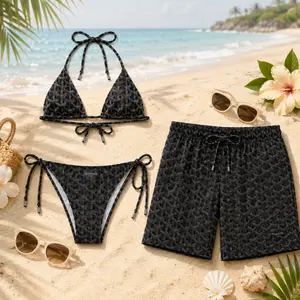 Goya Black Matching Couple Swimwear Set 2026, Bikini & Men’s Mesh Shorts for Beach Vacation, Honeymoon Gift Style