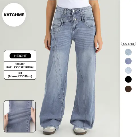 KatchMe Women's Vintage High Waist Patchwork Wide Leg Jeans, Soft Non-Shrinking Pants, Fake Two-Piece Durable Denim Trousers, Stretchy Baggy Wrinkle-Resistant Daily Outfits