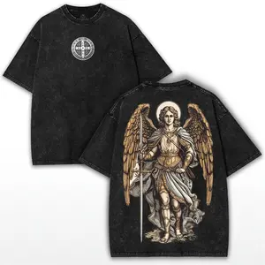 Archangel Michael Oversized Washed Tee – Faithcore Streetwear with Saint Benedict Front Symbol and Angelic Warrior Back Art