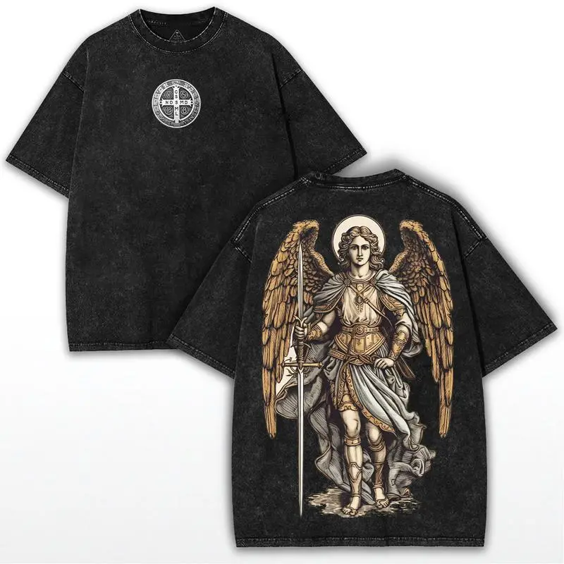 Archangel Michael Oversized Washed Tee – Faithcore Streetwear with Saint Benedict Front Symbol and Angelic Warrior Back Art