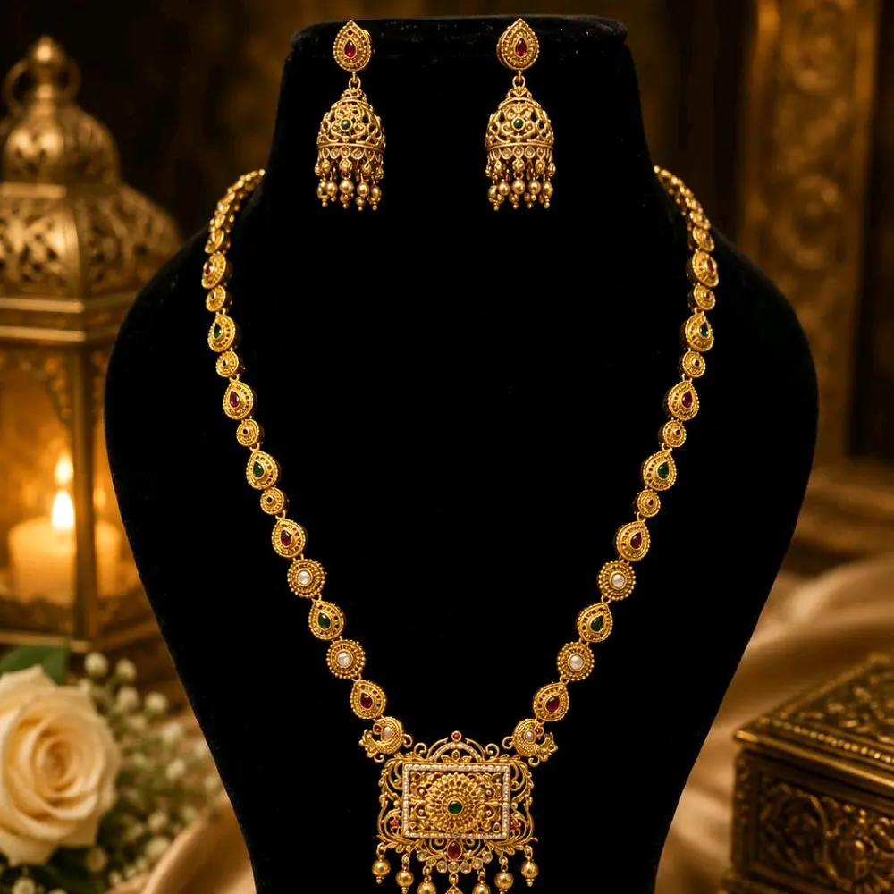 Antique Gold Matte Finish Heritage pendant Necklace with Jhumka Traditional Indian Jewelry for Women