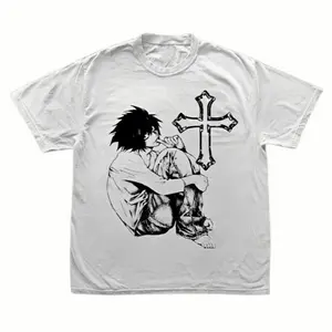 Unisex Death Note L Lawliet Vintage Cross Gothic Anime Graphic Cotton Crew Neck Short Sleeve Sports T-Shirt, Retro Manga Dark Grunge Streetwear Casual Otaku Fan Top